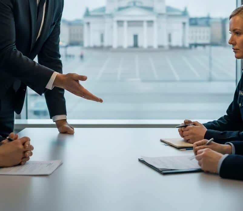 avustaminen-esitutkinnassa-helsinki-asianajaja Asianajaja avustamassa asiakasta poliisin kuulustelussa tai esitutkinnassa Helsingissä, taustalla näkyy Helsingin tuomiokirkko.