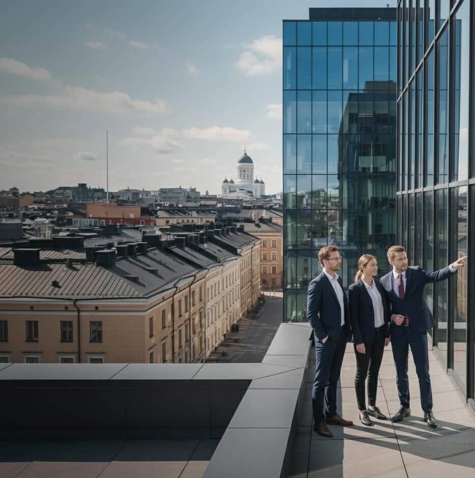 kiinteistoasianajaja-helsinki (1) Kiinteistöasianajaja selittää sopimusehtoja asiakkaalle Helsingissä taustalla näkyvän Helsingin tuomiokirkon edustalla.