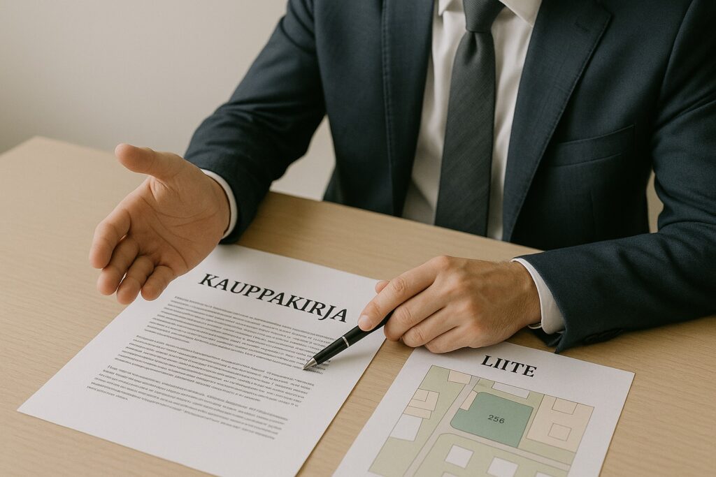 kiinteistokauppa-sopimusneuvonta-helsinki. Asiantuntija käy läpi kiinteistön kauppakirjaa ja liiteasiakirjoja Helsingissä.