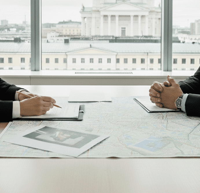 kiinteistoriidat Helsinki (1) Kiinteistöasianajaja ja asiakas selvittävät kiinteistöriitaa neuvottelupöydässä Helsingissä – juridinen apu riitatilanteiden ratkaisemiseen.