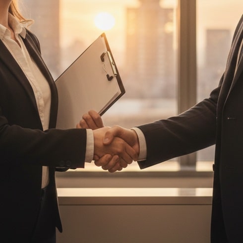 lakipalvelut-helsinki-juridinen-kumppani Kaksi asiantuntijaa kättelee toimistossa Helsingissä symboloiden luotettavaa juridista kumppanuutta ja paikallista asiantuntemusta.