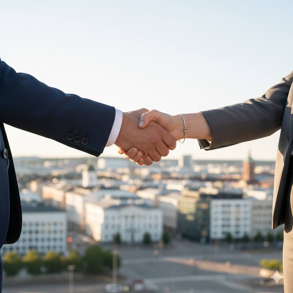 osakassopimus-helsinki Kaksi liikekumppania kättelevät Helsingin keskustan yllä onnistuneen yhtiöoikeudellisen sopimuksen merkiksi.