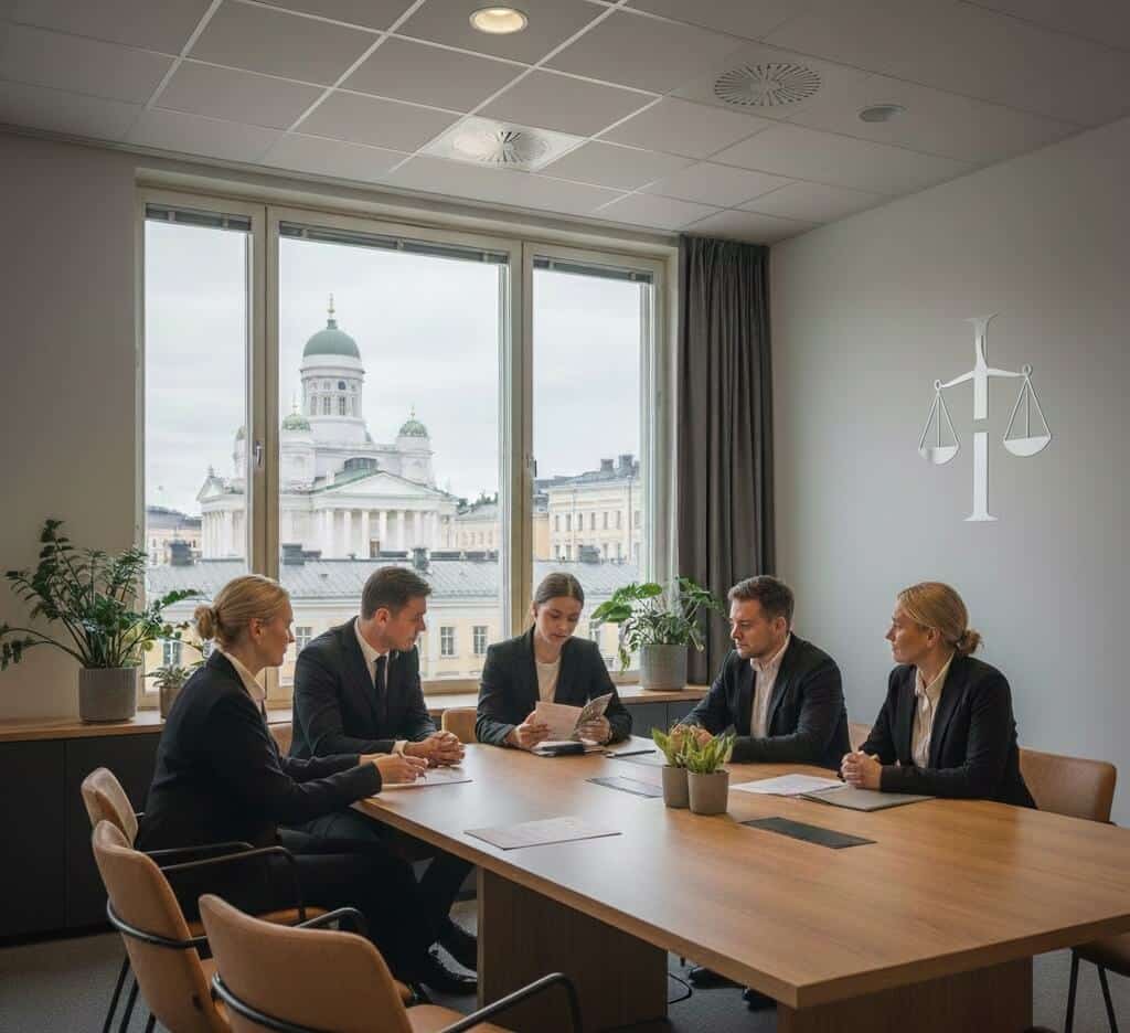 rikoksen-uhrin-avustaminen-helsinki-asianajaja Asianajaja ja asiakas keskustelevat luottamuksellisesti toimistossa Helsingissä, taustalla näkyy kaupunkimaisema.