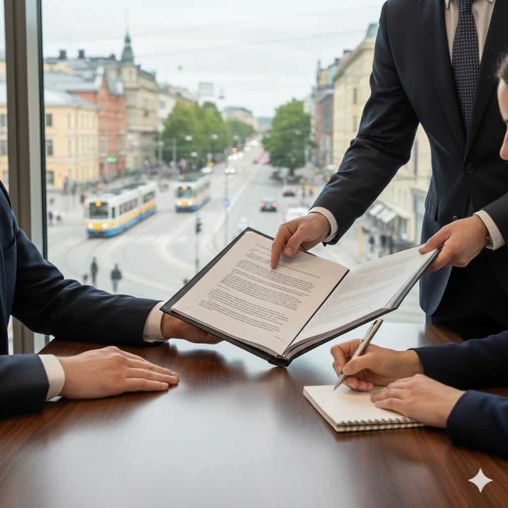 rikosasioiden-puolustus-helsinki-asianajaja Asianajaja ja asiakas käyvät läpi oikeudenkäyntiasiakirjoja toimistossa Helsingissä, ikkunasta näkyy raitiovaunu ja kaupunkinäkymä.