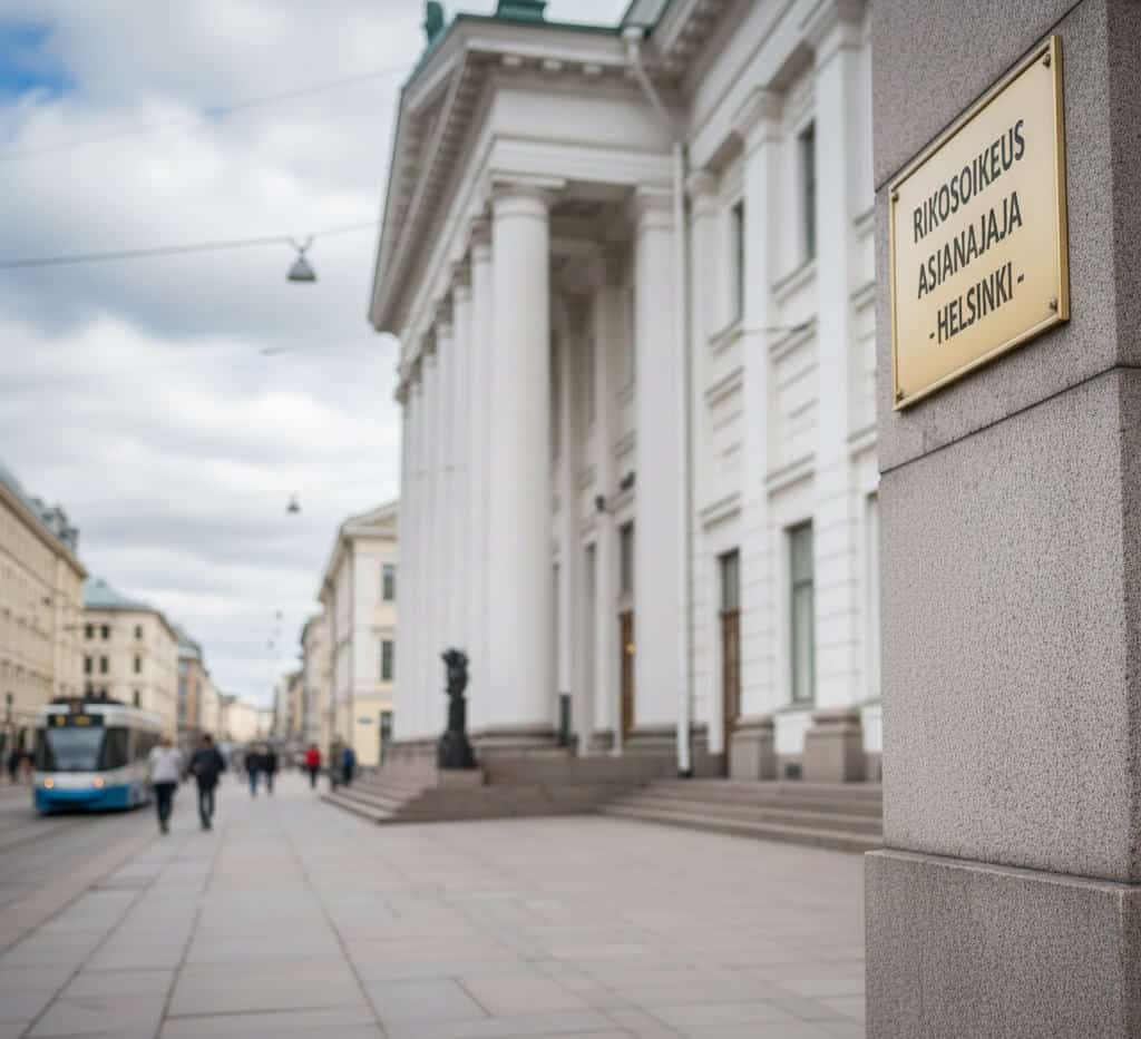 rikosoikeus-asianajaja-helsinki-keskusta (1) Kultainen nimikyltti tekstillä Rikosoikeus Asianajaja Helsinki graniittiseinällä Helsingin keskustassa.