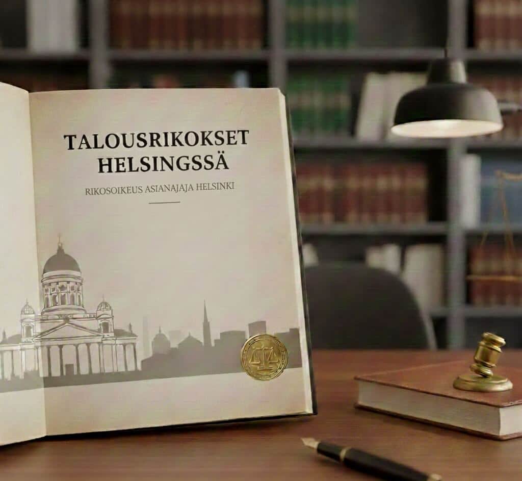 talousrikokset-helsinki-rikosoikeus-asianajaja Kirja jossa lukee Talousrikokset Helsingissä ja Rikosoikeus asianajaja helsinki, taustalla lakitoimiston kirjahylly ja nuija.